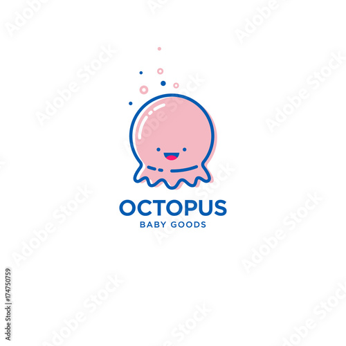 Octopus fun logo. Baby and kids goods. Kawaii baby octopus on white background. 