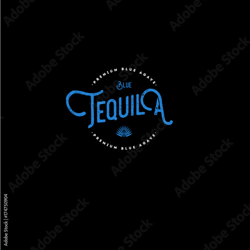 Tequila emblem. Blue vintage letters on dark background.