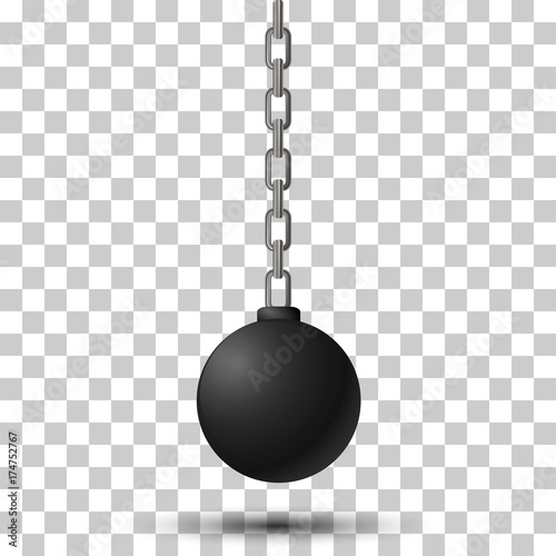 Wrecking ball. Demolition sphere hanging on chains. Vector illustration on transparency background