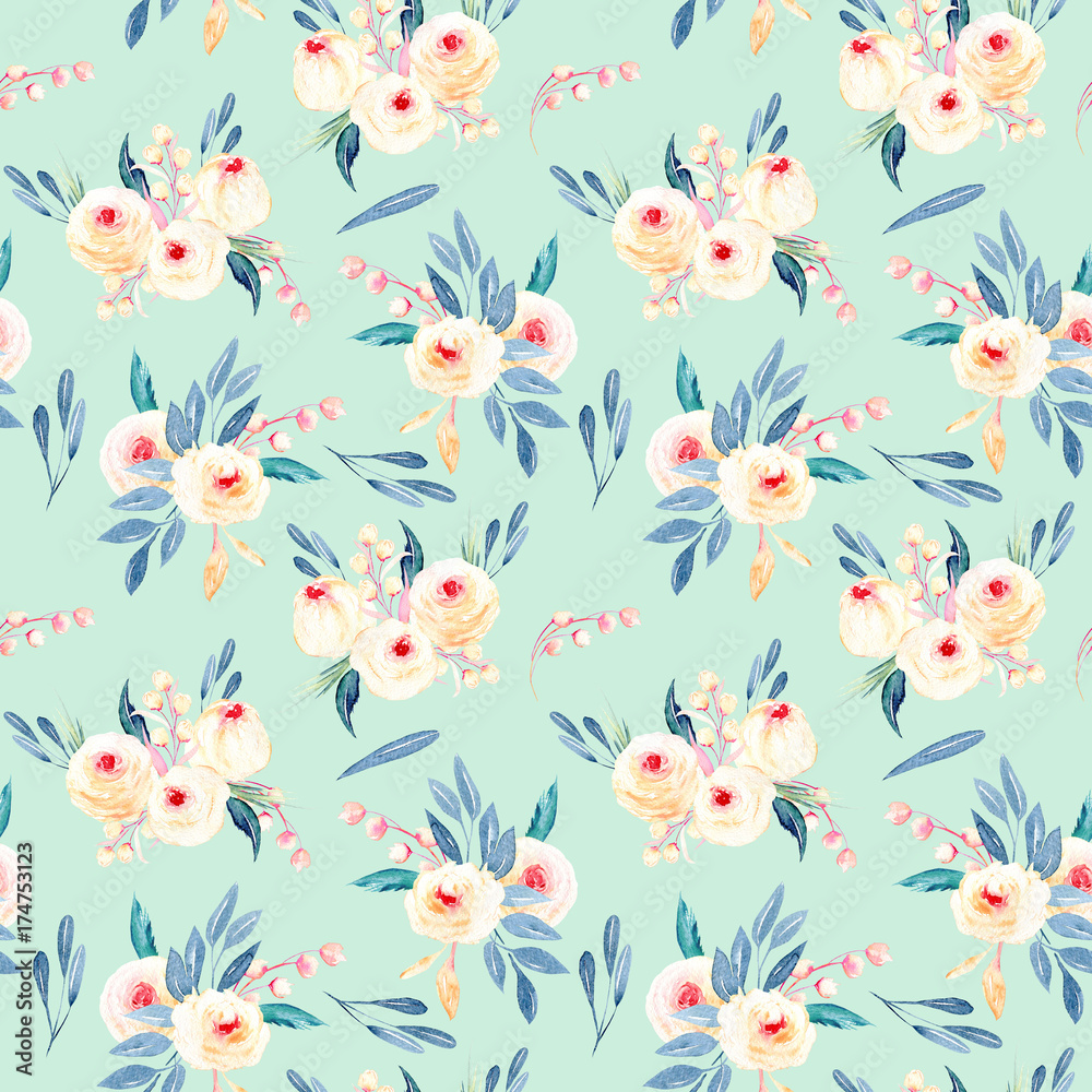 Seamless floral pattern with watercolor flower bouquets in pink and blue shades, hand-painted on a light green background