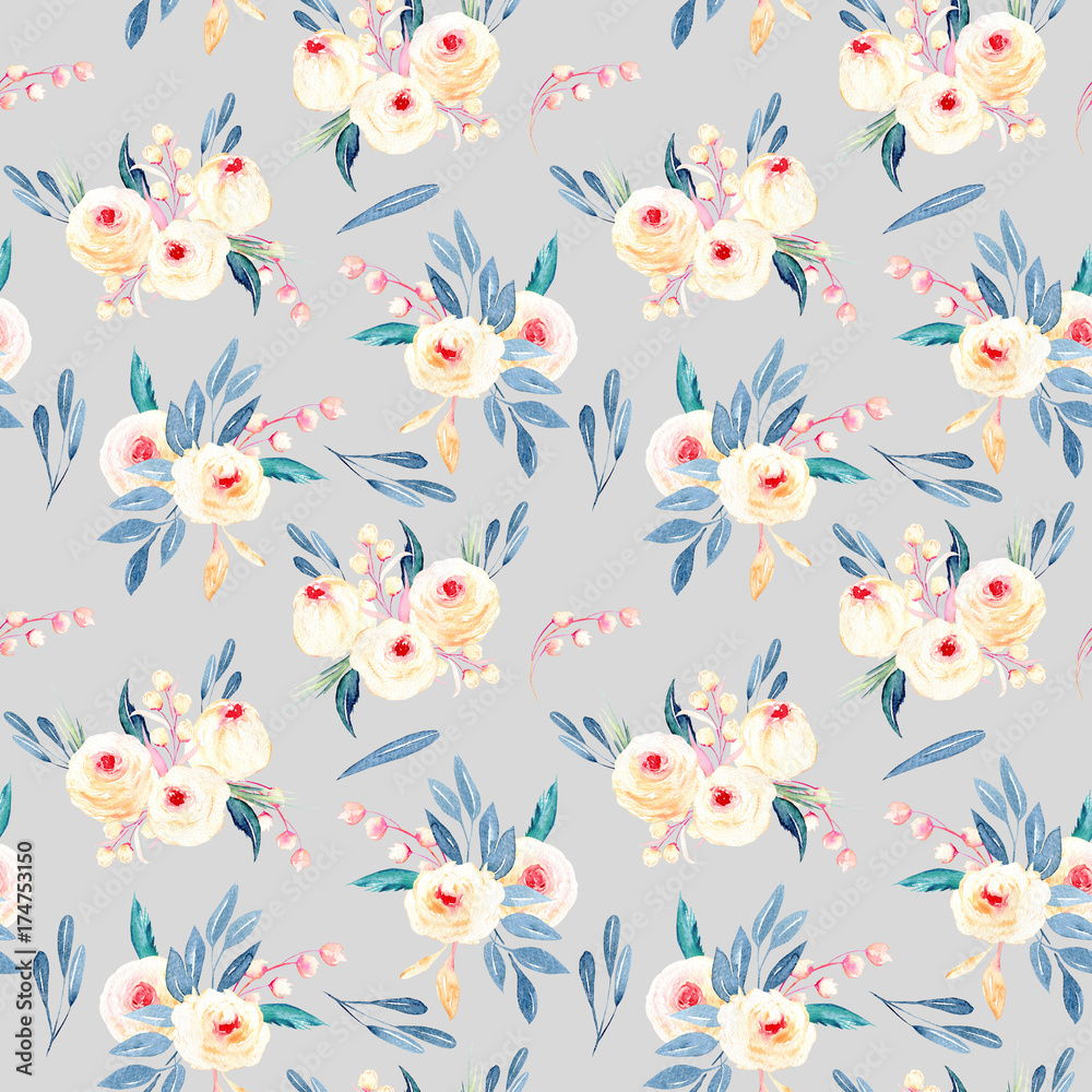 Seamless floral pattern with watercolor flower bouquets in pink and blue shades, hand-painted on a grey background