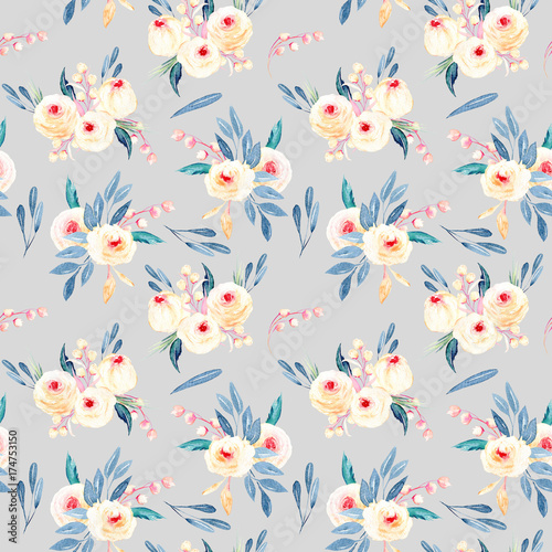 Seamless floral pattern with watercolor flower bouquets in pink and blue shades  hand-painted on a grey background