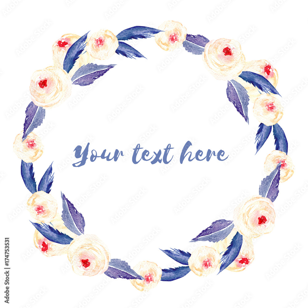 Circle frame, wreath of pink roses and blue leaves, hand painted in watercolor on a white background, greeting card, wedding design, decoration postcard or invitation