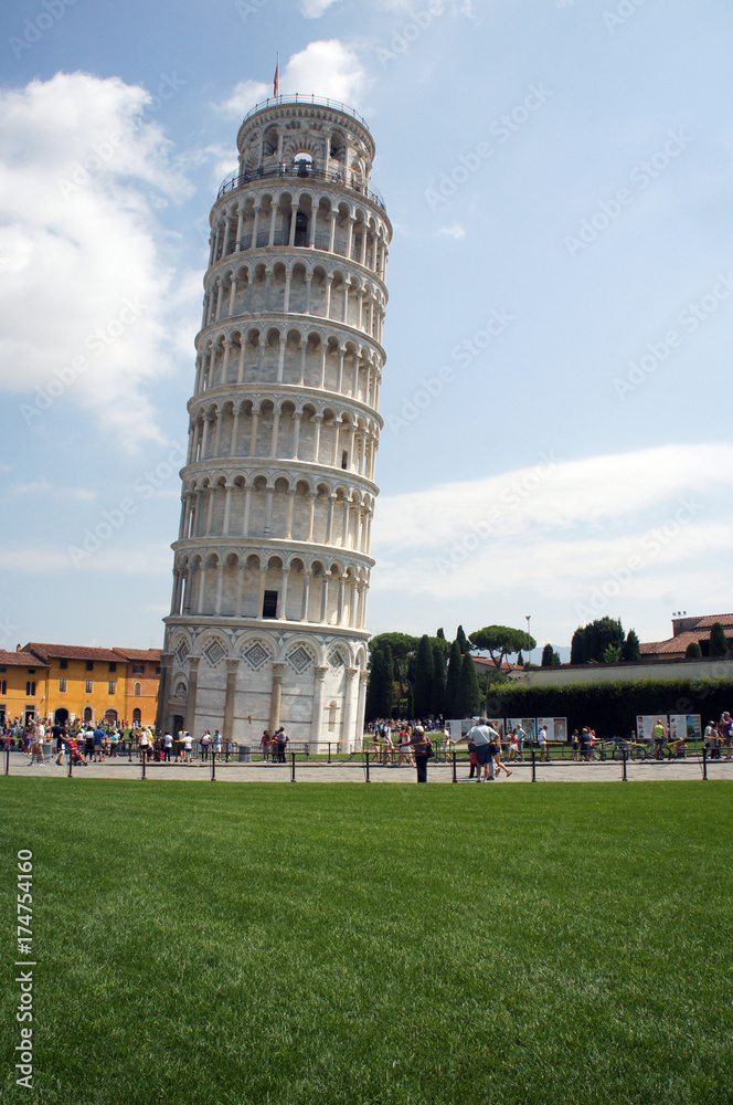 Famous leaning tower in Pisa (Torre pendente di Pisa) - campanille of the cathedral of Assumption of the Virgin Mary in the Square of Miracles (Piazza dei Miracoli) in Pisa, Italy