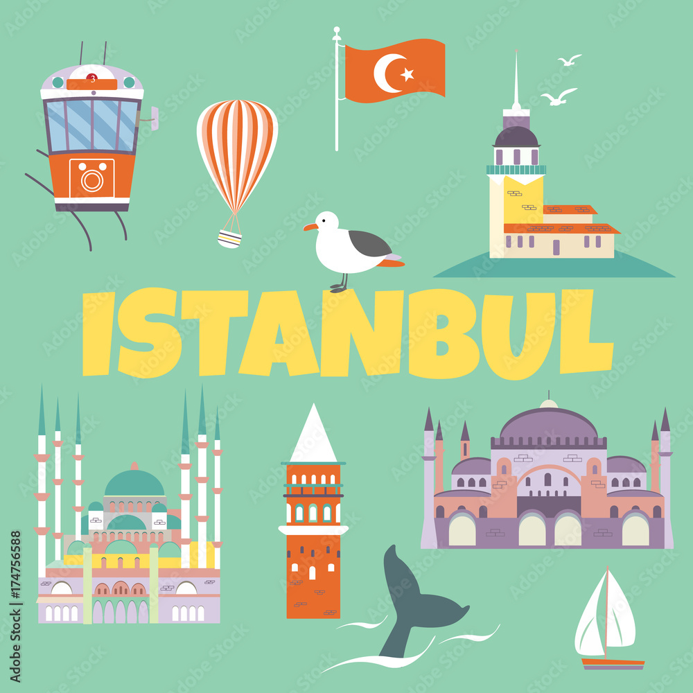 Tourist card with a set of famous Istanbul destinations and landmarks