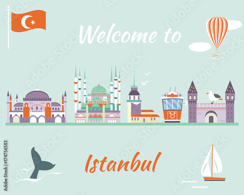 Tourist poster with famous destinations and landmarks of Istanbul