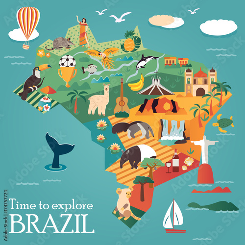 Tourist map of Brazil with landmarks and animals. Can be used as tourist posters, leaflet.