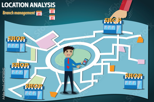 Business concept,businessman use location analytics applications for management his branch – Vector