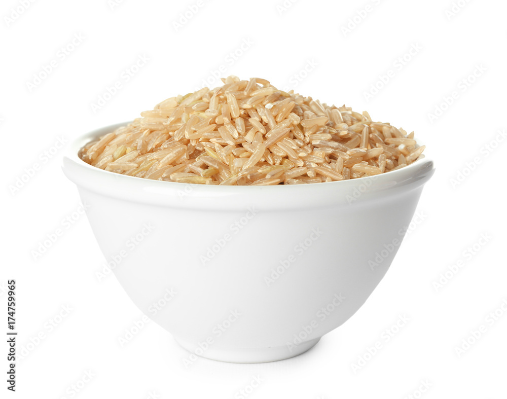 Bowl with brown rice on white background Bowl with brown rice on white background