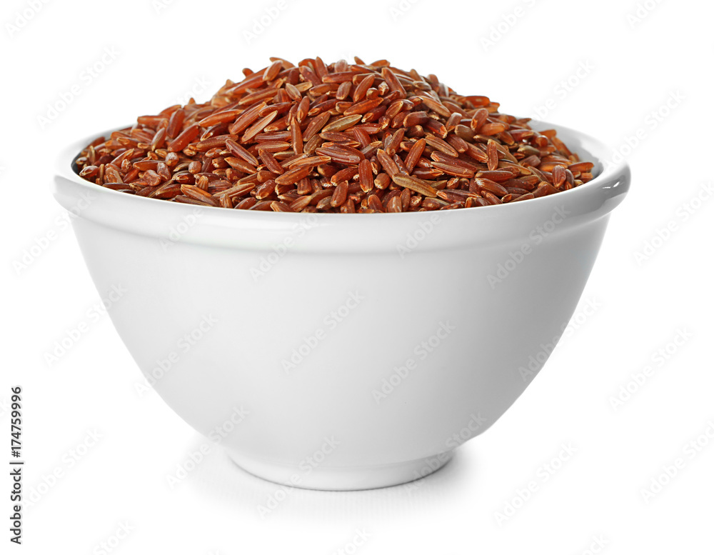 Bowl with red Cargo rice on white background Bowl with red Cargo rice on white background