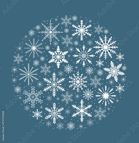 Merry christmas card with snowflakes in round shape. Snow globe for your design. Vector illustration