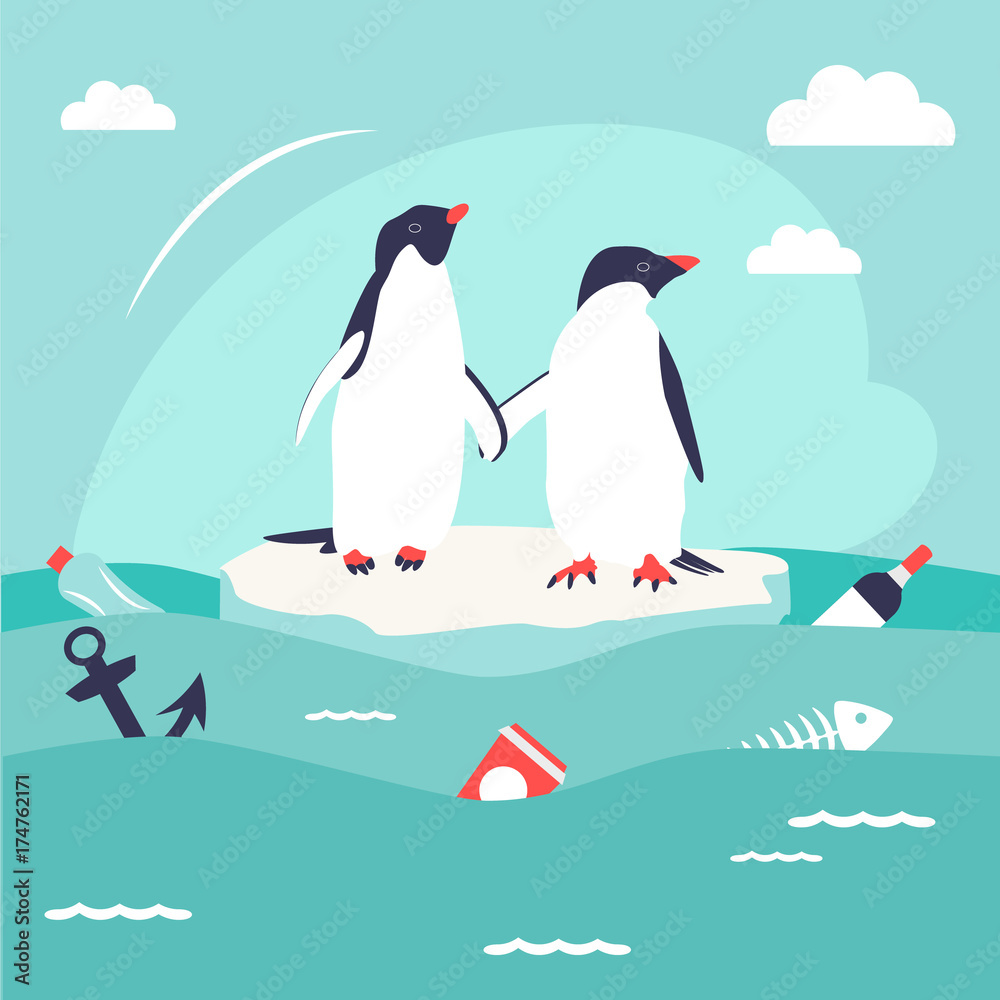 Obraz premium Save oceans concept. Illustration with cute penguins.