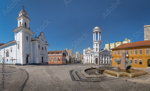 Garibaldi Square at Curitiba Historical Center with Presbyterian Church, Rosario Church and Drooling Horse (Cavalo Babao) Fountain - Curitiba, Parana, Brazil photo