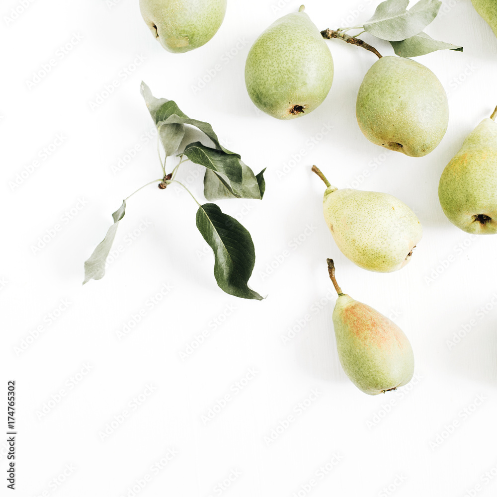 Pears on white background. Flat lay, top view. Pears on white background. Flat lay, top view.