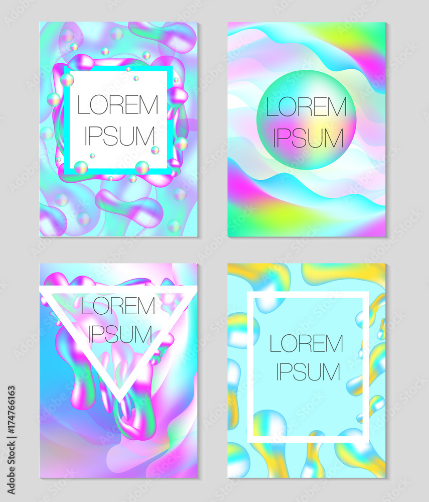 Modern trendy neon template for your design. Bright poster with iridescent neon elements liquid shapes. Futuristic fluid flyer. Cover, invitation background. Vector illustration