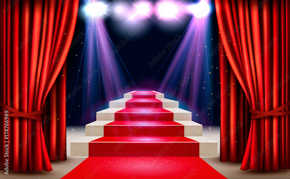 Fototapeta premium Showroom with red carpet leading to a podium and a spotlight. Festival night show background. Vector.