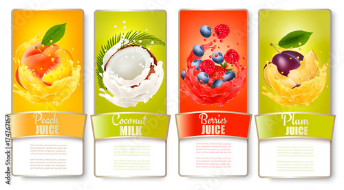 Set of labels of of fruit in juice splashes. Peach, coconut, raspberry, blueberry, plum. Vector.