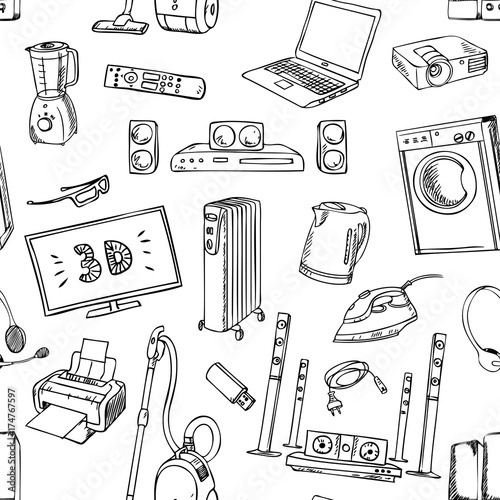 Home electronics icons appliances, seamless pattern photo