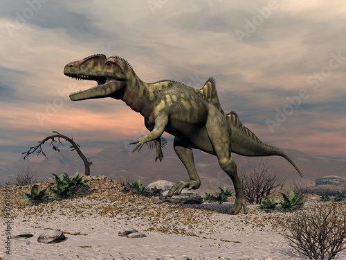 Concavenator dinosaur walking in the desert - 3D render © Elenarts