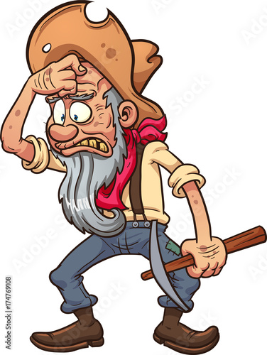 Sad gold miner. Vector clip art illustration with simple gradients. All in a single layer