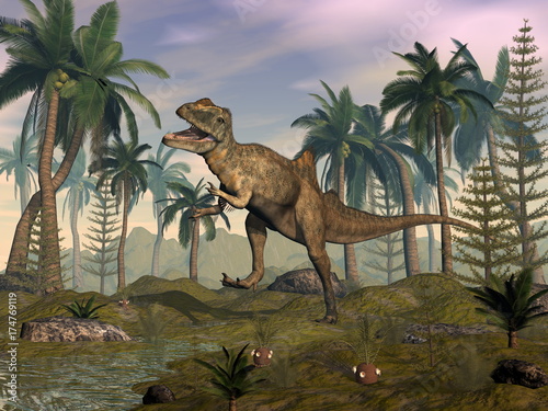 Concavenator dinosaur roaring in the desert - 3D render