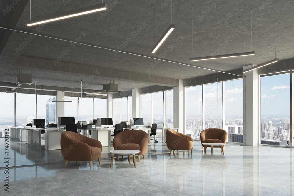 Fototapeta premium Waiting area in office, brown armchairs, side