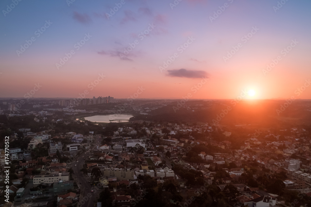 Aerial view of Curitiba City and Barigui Park at sunset - Curitiba, Parana, Brazil