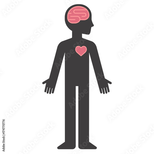 Cartoon human body silhouette with brain and heart