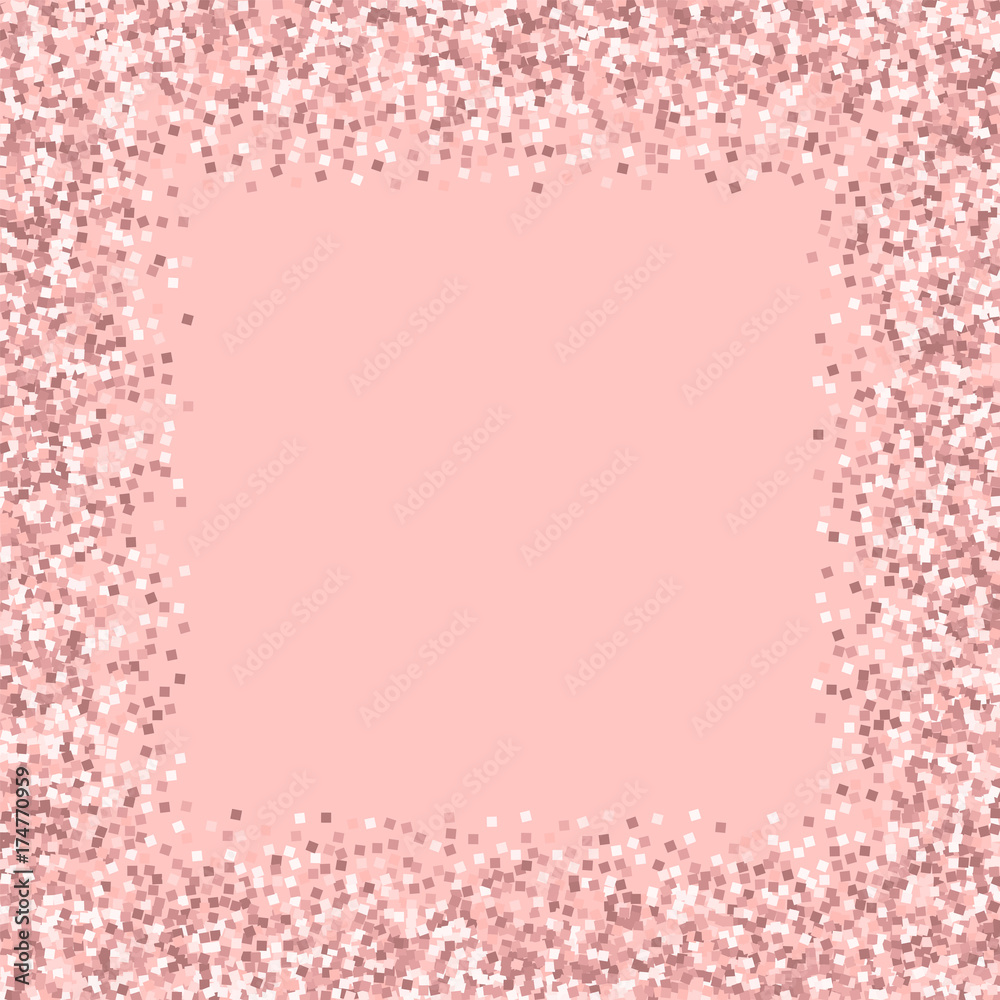 Pink gold glitter. Chaotic border with pink gold glitter on pink background. Classy Vector illustration.