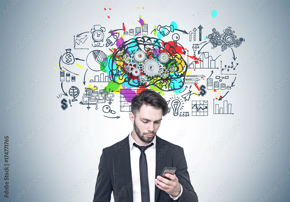 Bearded businessman looking at phone, brain, cogs Bearded businessman looking at phone, brain, cogs
