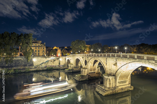 Night scape of the ancient Roman Bridge at night. Ponte Sisto is a footbridge in Rome's historic centre over the Tiber river. Rome, Italy.