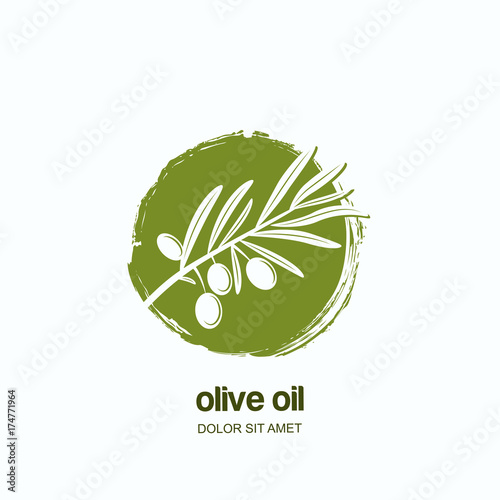 Vector logo, label or emblem with watercolor hand drawn green olive branch. Concept for agriculture, organic italian, spanish or greece national food. Olive oil and cosmetics package badges.