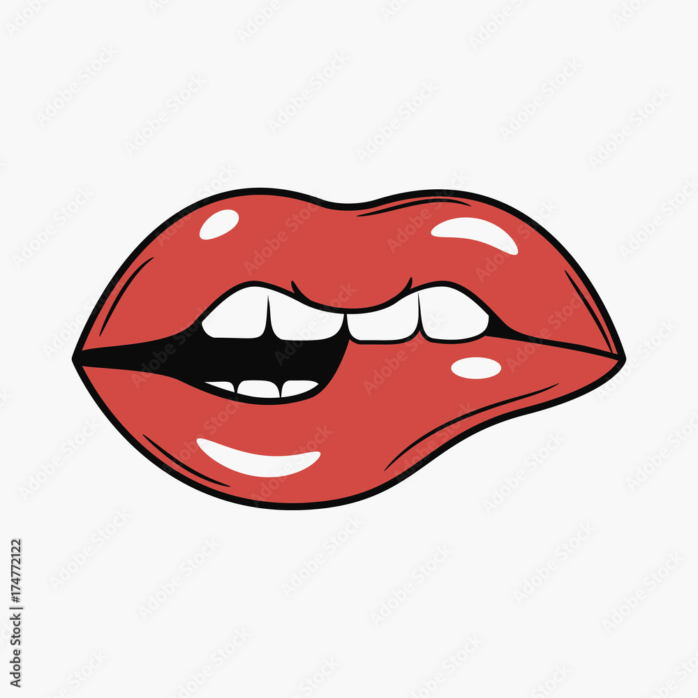 Sexy Female Bite Lips. Comics illustration in pop art retro style. Vector. Sexy Female Bite Lips. Comics illustration in pop art retro style. Vector.
