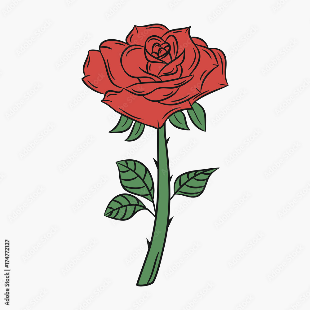 Rose, flower with a stem and thorns. Bud with red petals and green leaves. Vector illustration.