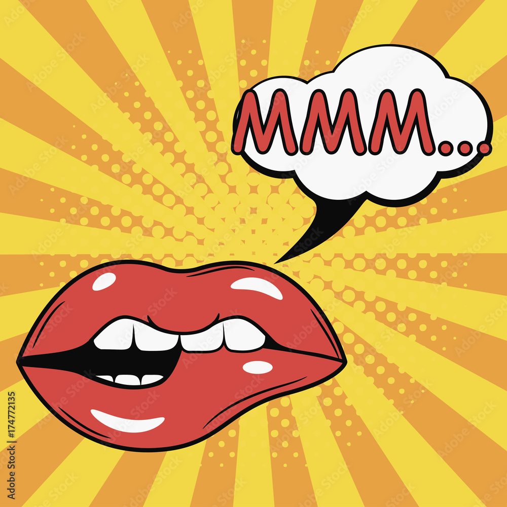 Obraz premium Sexy Female Bite Lips with speech bubble. Comics illustration in pop art retro style at sunburst background with dot halftone effect. Vector.