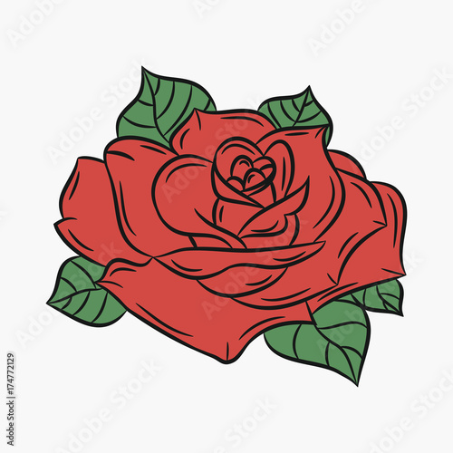 Rose, flower with red petal and green leaves. Vector illustration.