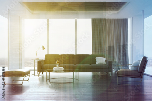 Foto Loft living room, gray sofa and armchair toned