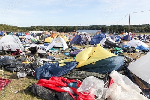 Field and tent village after a rock festival in Skanderborg, Denmark