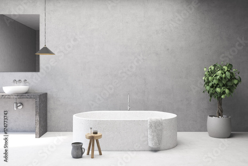 Concrete bathroom interior, tub