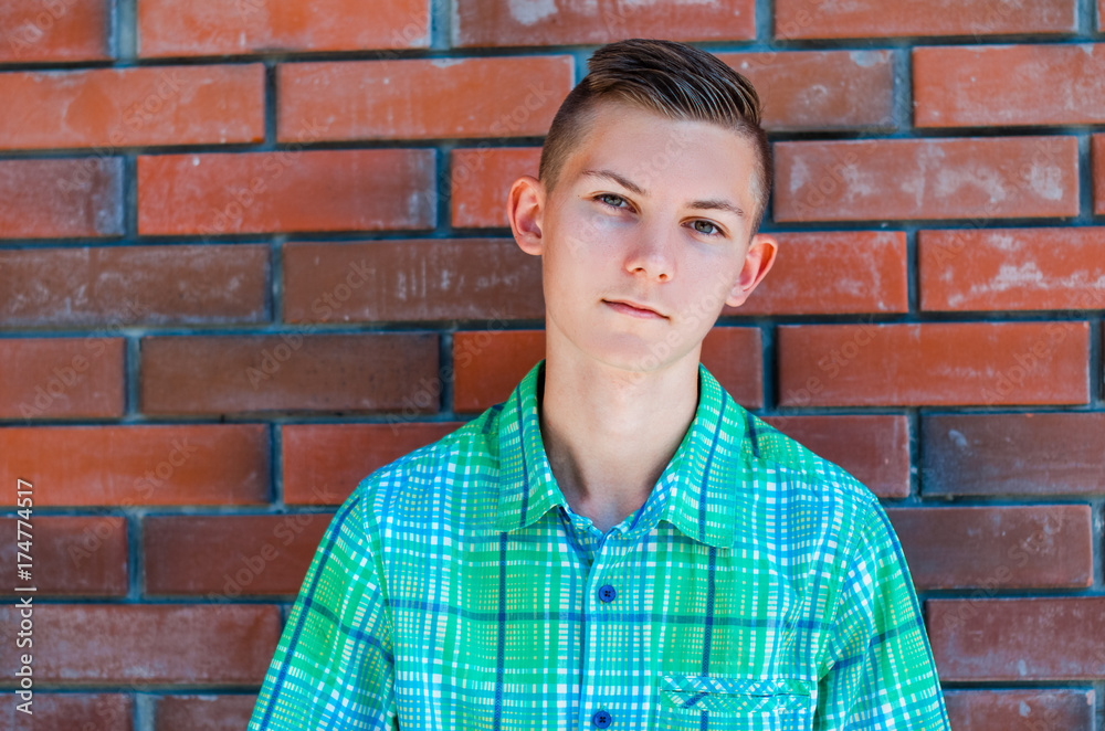 Portrait of a young boy . Pimples on the face , the transition to adulthood . A guy with a riot of hormones Portrait of a young boy . Pimples on the face , the transition to adulthood . A guy with a riot of hormones