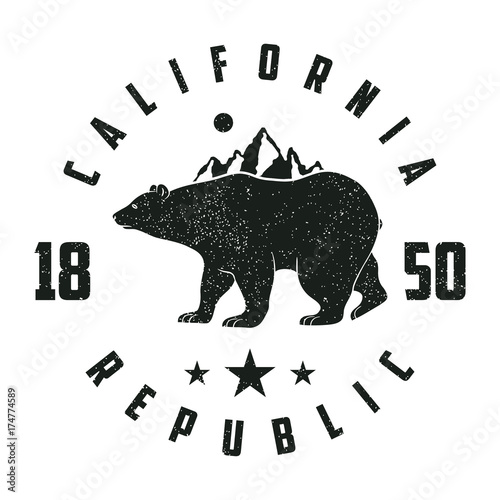 California grunge print with bear and mountains. Vintage graphic for design clothes, t-shirt, apparel. Vector illustration.