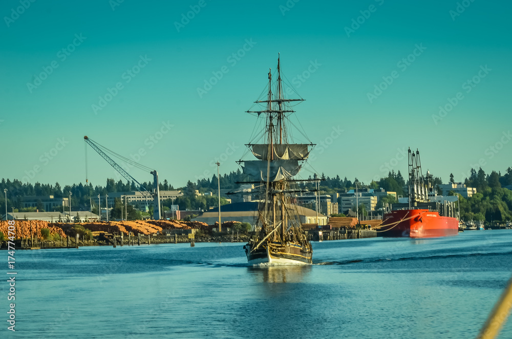 Working The Sails on Tall Ship Visiting Olympia Washington, USA, in Puget Sound Working The Sails on Tall Ship Visiting Olympia Washington, USA, in Puget Sound