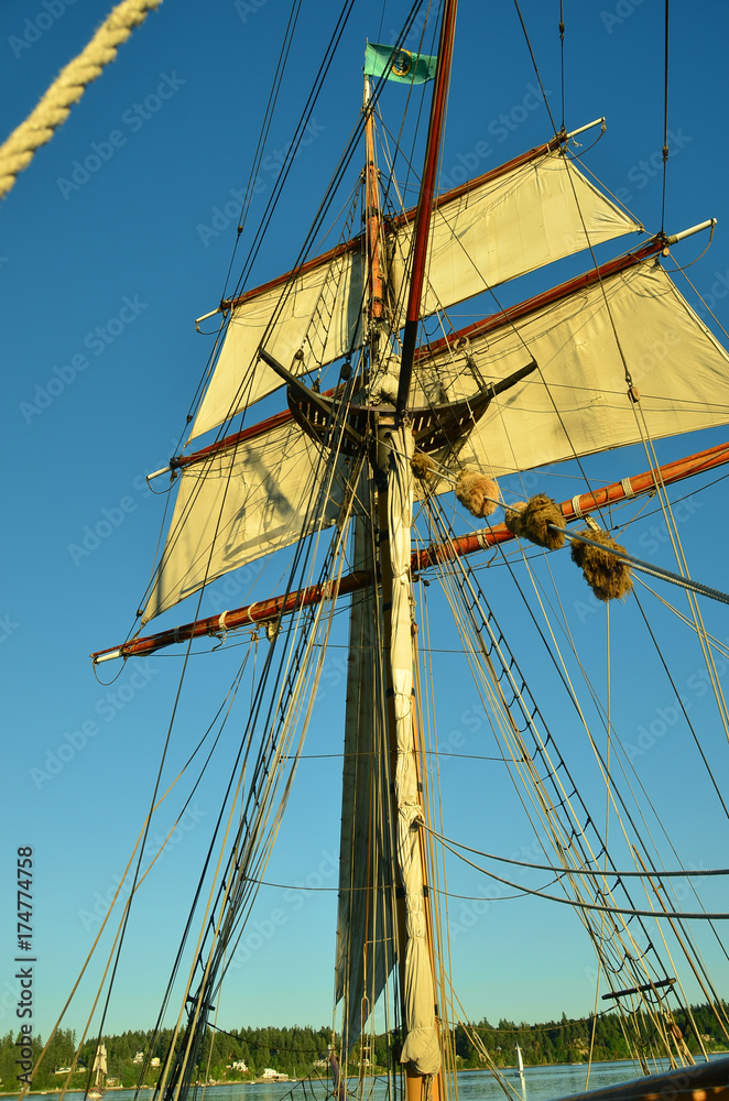 Obraz premium Working The Sails on Tall Ship Visiting Olympia Washington, USA, in Puget Sound