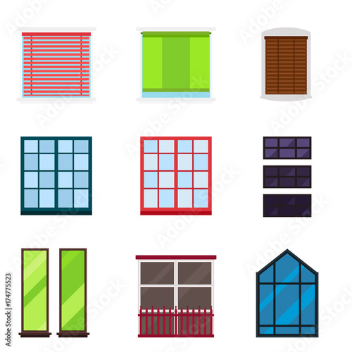 Different types house windows elements flat style glass frames construction decoration apartment vector illustration.