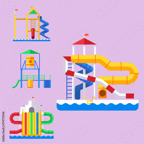 Water aquapark playground with slides and splash pads for family fun vector illustration.