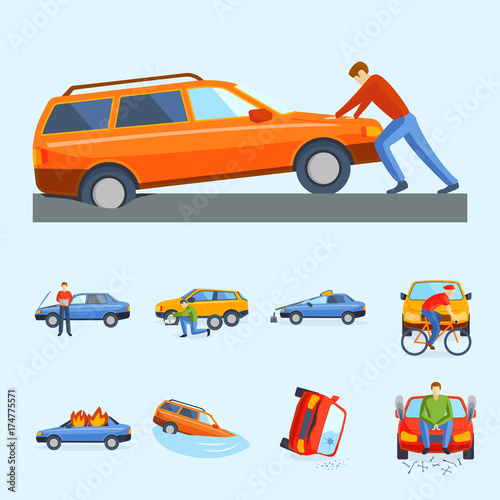 Car crash collision traffic insurance safety automobile emergency disaster and emergency disaster speed repair transport vector illustration.