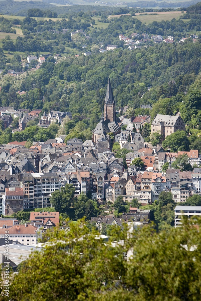 View over Marburg an der Lahn with the historic town centre in front of the Lutheran Church, Marburg, Hesse, Germany, Europe