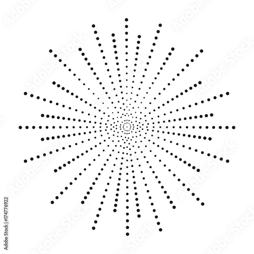 Dot sunburst. Halftone effect beams. Sun ray from points. Abstract dotted background. Vector illustration.