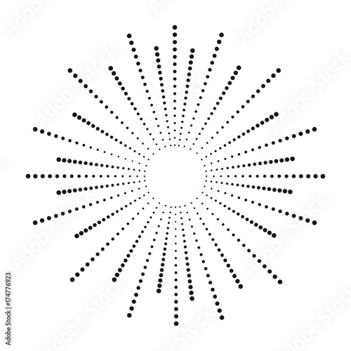 Dot sunburst. Halftone effect beams. Sun ray from points. Abstract dotted background. Vector illustration.