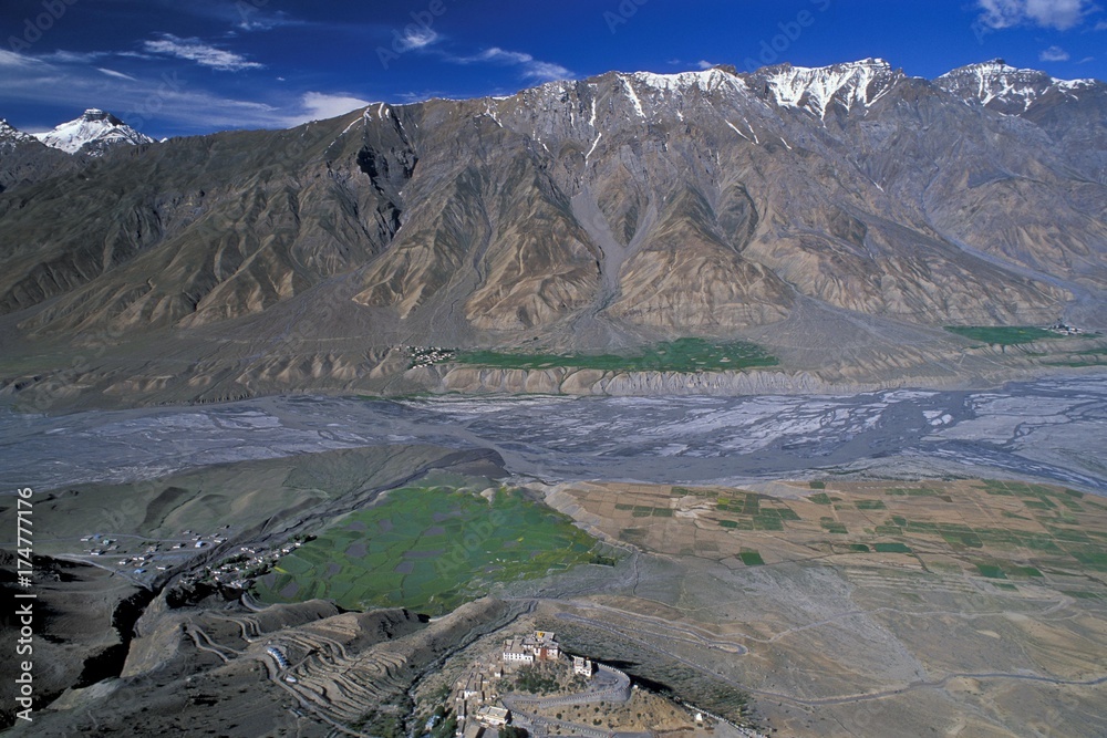View of fields and the Buddhist Ki or Key Monastery or Gompa, Spiti Valley, Lahaul and Spiti district, Indian Himalayas, Himachal Pradesh, North India, India, Asia